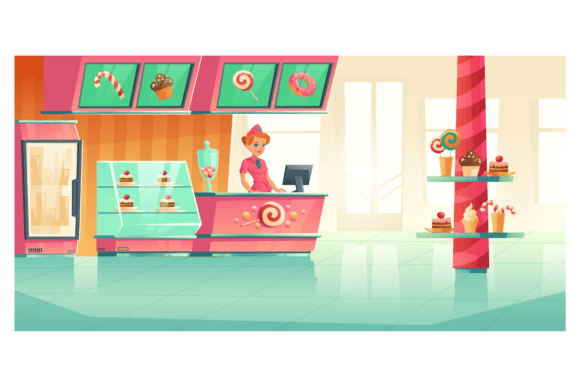 Download Bakery and Candy Shop Interior with Cashier Behind Bar Counter - Premium Resources